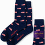 Navy blue USA Flag Socks with stylish American flag patterns, featuring stars and elegant red script, packaged in a sleeve labeled "AusCufflinks Australia.