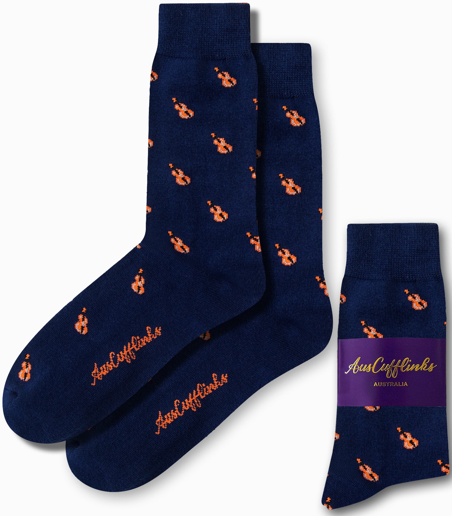 Violin Socks offer a melodic style with an orange violin pattern and "AusCufflinks Australia" branding in blue. Ideal for adding a musical flair to your day.