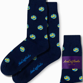 Elevate your sock collection with the Volleyball Socks, featuring a striking yellow and blue volleyball design against a deep blue background. Each pair comes elegantly packaged and branded with "AusCufflinks," making them an exceptional choice for any sports lover.