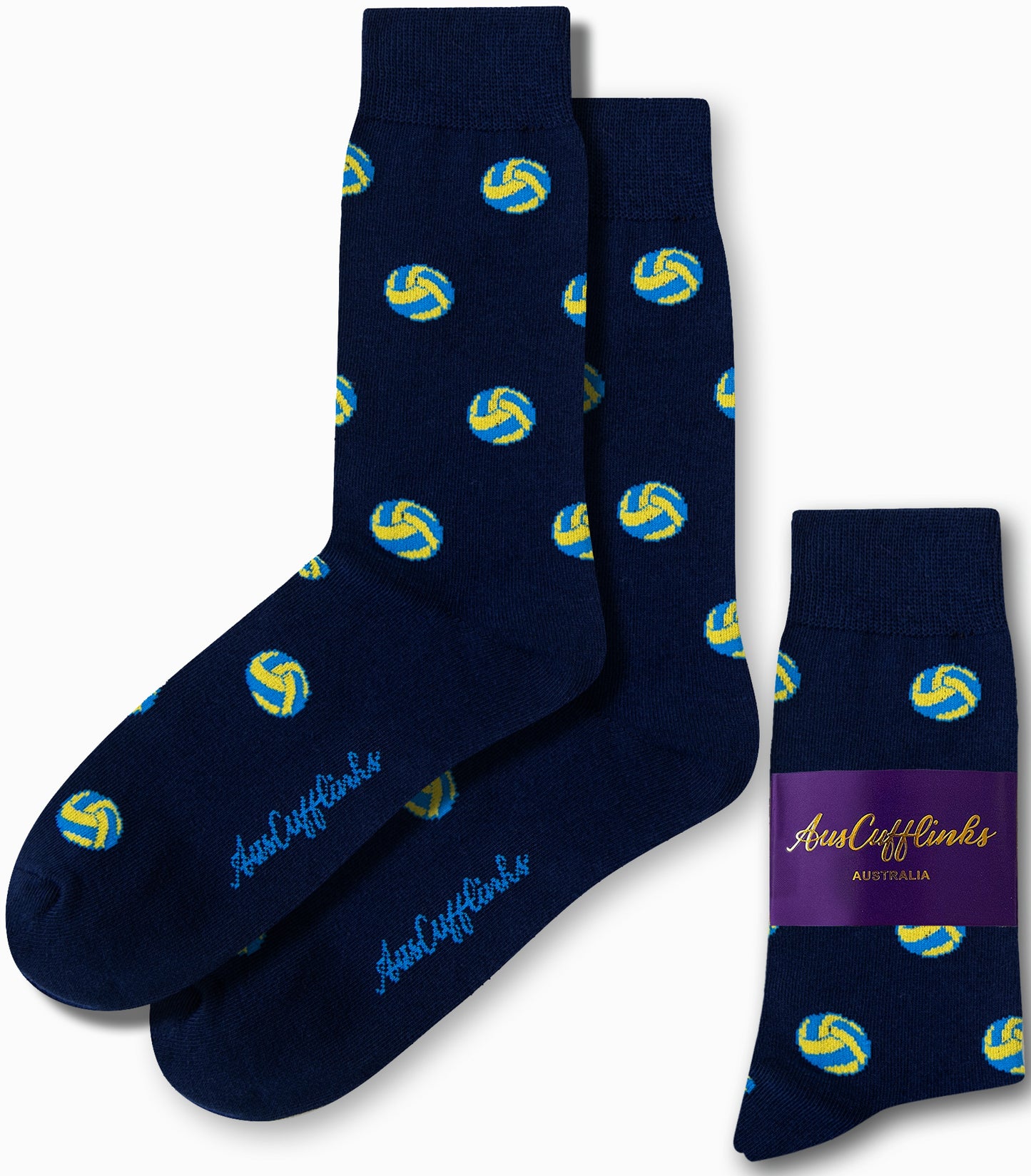 Elevate your sock collection with the Volleyball Socks, featuring a striking yellow and blue volleyball design against a deep blue background. Each pair comes elegantly packaged and branded with "AusCufflinks," making them an exceptional choice for any sports lover.