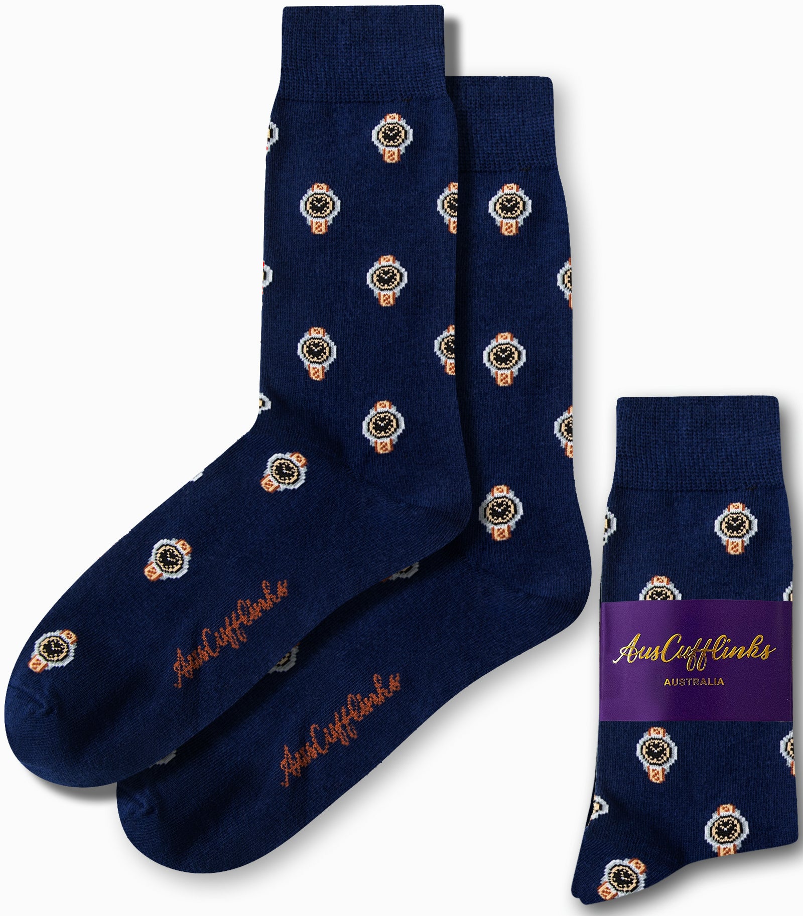 A pair of "Watch Socks" in navy blue, adorned with stylish watch patterns, prominently displays the "AusCufflinks" branding on the side. One sock is folded next to the pair, offering a timeless style that enhances your wardrobe with a touch of sophistication.