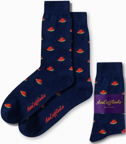 Experience a burst of joy in your style with the Watermelon Socks, featuring vibrant watermelon patterns on navy blue fabric and a branded "AusCufflinks Australia" label.