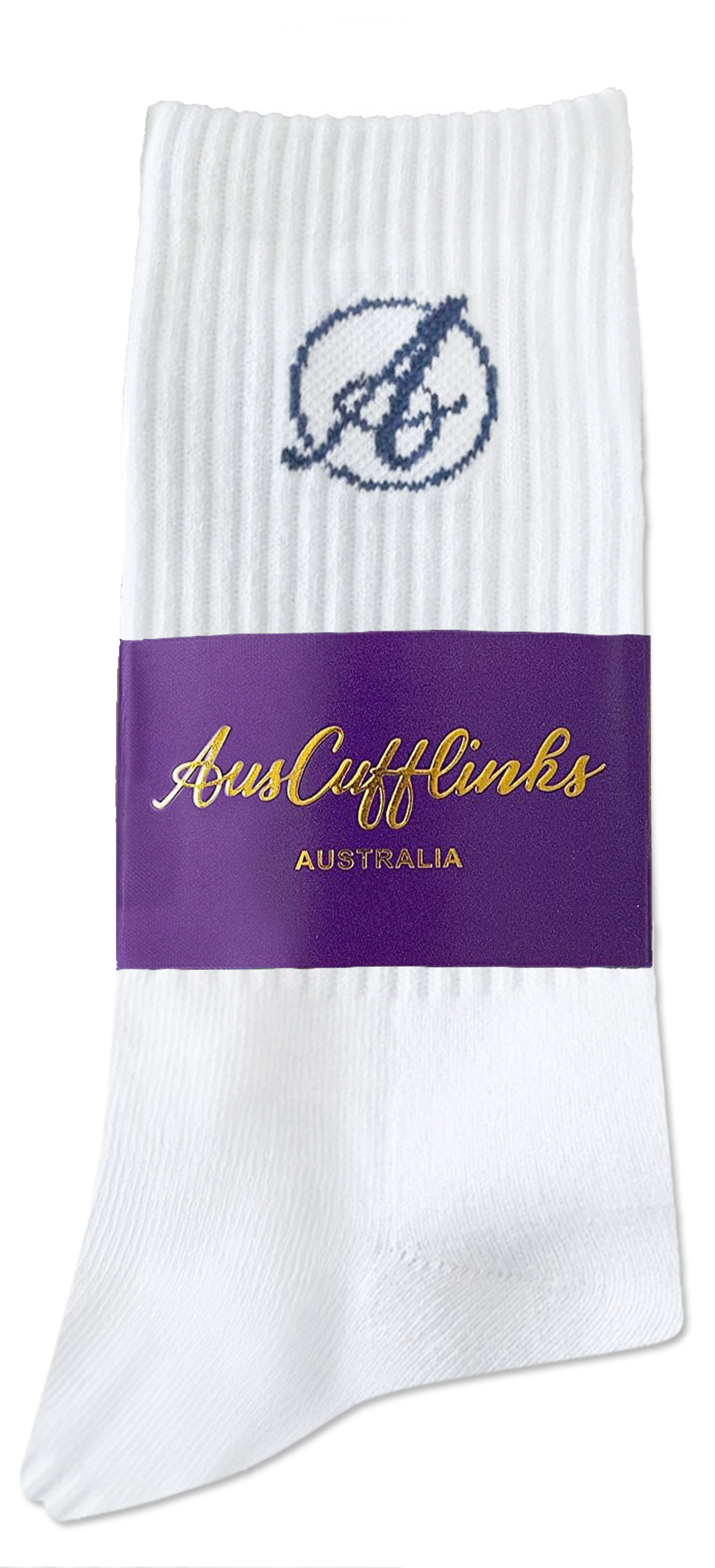 AusCufflinks Socks are white dress socks with a ribbed design, blue embroidered logo, soft cotton blend, and come packaged with a purple and gold AusCufflinks Australia label.