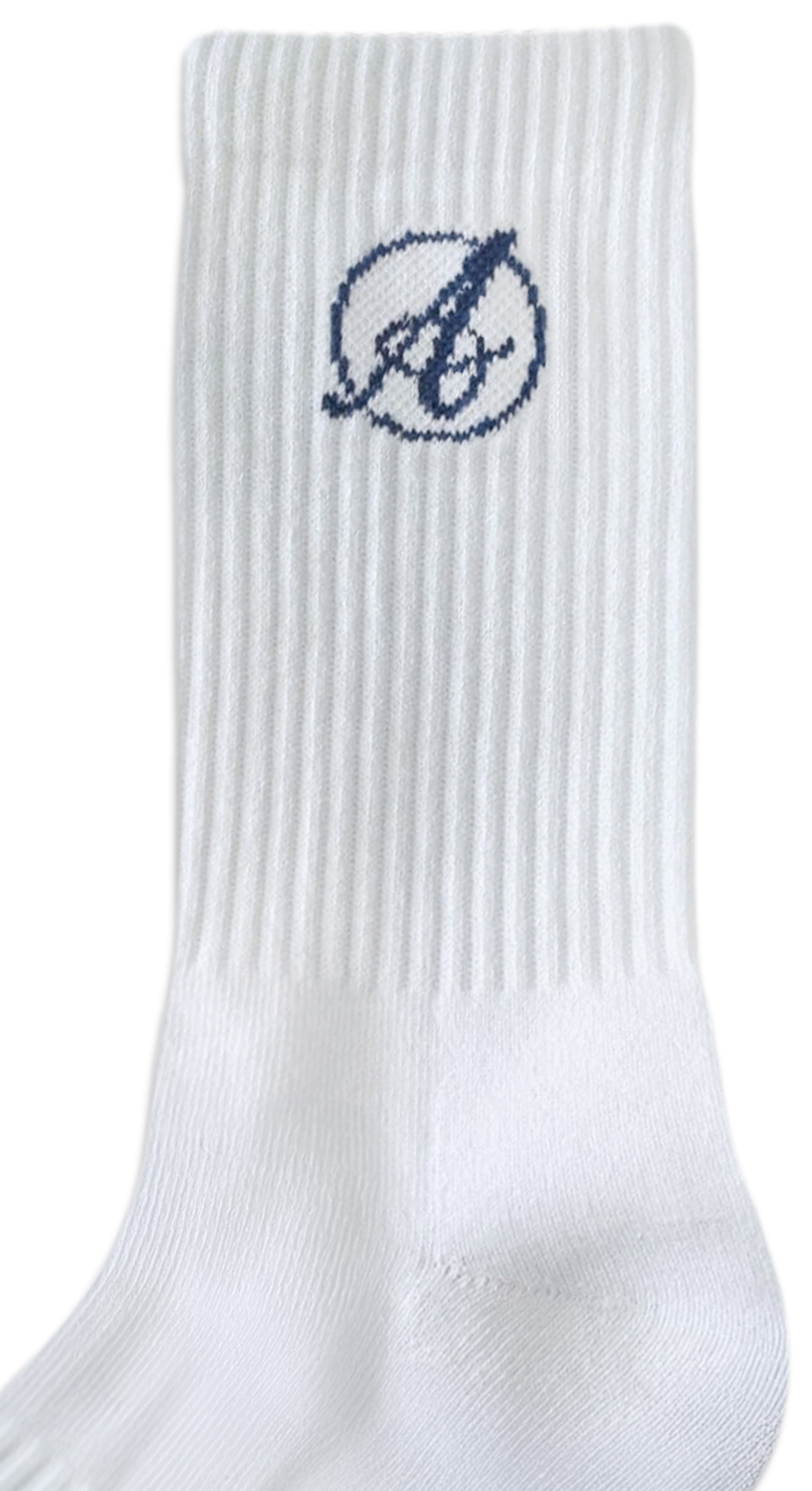 The AusCufflinks Socks are white formal dress socks made from premium cotton, featuring a ribbed texture and a dark blue embroidered encircled “b” logo near the top—ideal for formal sock enthusiasts.