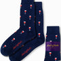 Wine Socks in navy blue, featuring an elegant wine glass pattern, perfect for the vino enthusiast. Accompanied by packaging labeled "AusCufflinks Australia.