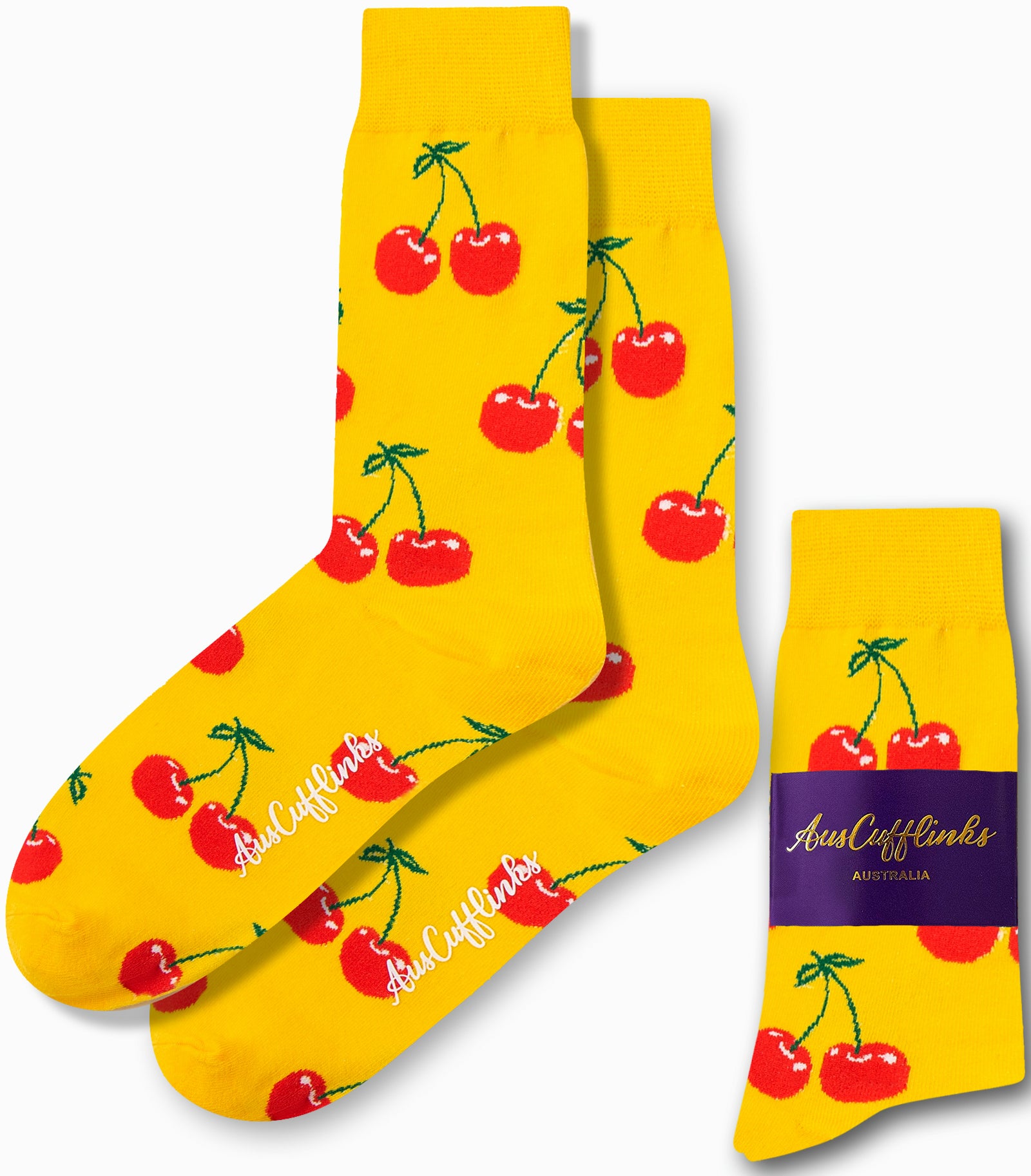 The Cherry Socks offer a charming style with their yellow color and red cherry patterns, and they feature a label reading "AusCufflinks Australia.