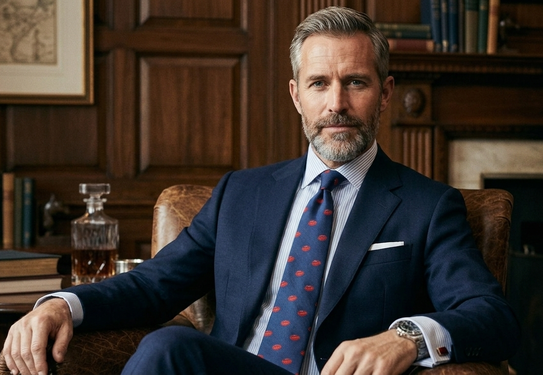 A man in a navy suit with an AFL Football Skinny Tie sits in a leather chair in a wood-paneled office, books and a decanter behind him.