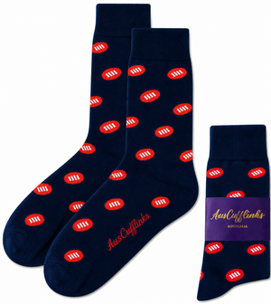 The AFL Football Socks are navy blue with red ovals, white stripes, and "AusCufflinks" text. Packaged as "AusCufflinks Australia," they're perfect for any Australian rules football fan.