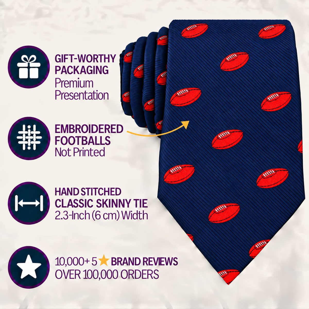 Introducing the AFL Football Skinny Tie—a navy tie adorned with red embroidered footballs, presented in premium packaging. Hand-stitched for quality, this 2.3-inch wide tie is a favorite among fans, boasting over 10,000 five-star reviews from more than 100,000 orders. Celebrate your team spirit with the ideal AFL Football Skinny Tie for dedicated supporters.