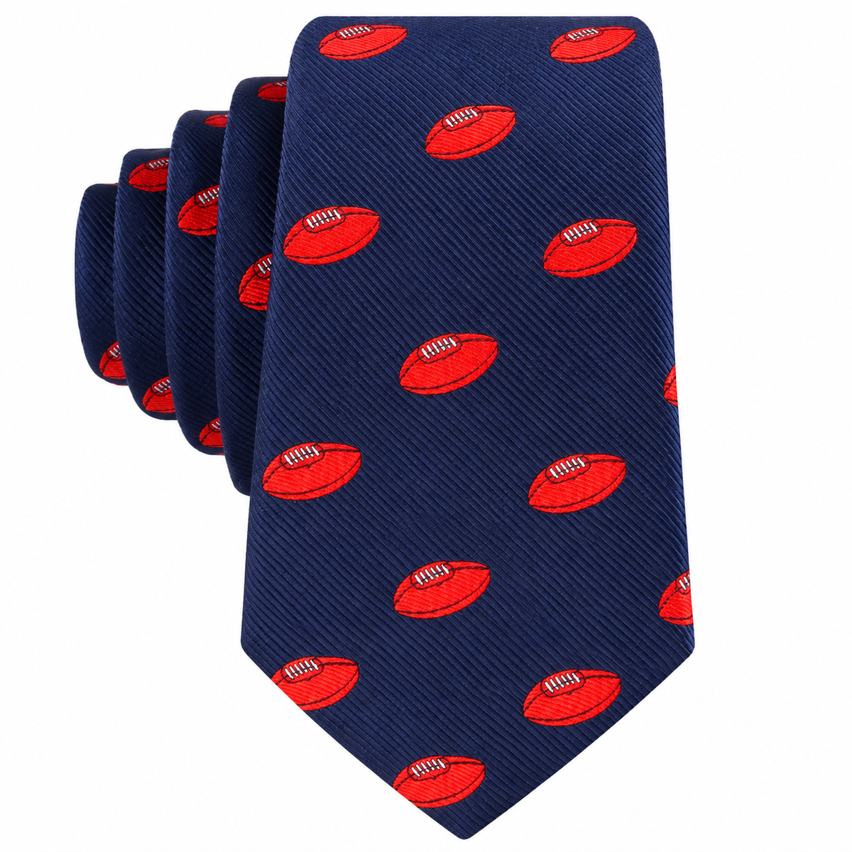 Introducing the AFL Football Skinny Tie—a navy blue necktie adorned with a repeating pattern of red footballs accented by white stitching. This AFL skinny tie is the perfect accessory for Australian Football fans, adding a sporty and stylish flair to any outfit.