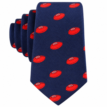 Introducing the AFL Football Skinny Tie—a navy blue necktie adorned with a repeating pattern of red footballs accented by white stitching. This AFL skinny tie is the perfect accessory for Australian Football fans, adding a sporty and stylish flair to any outfit.