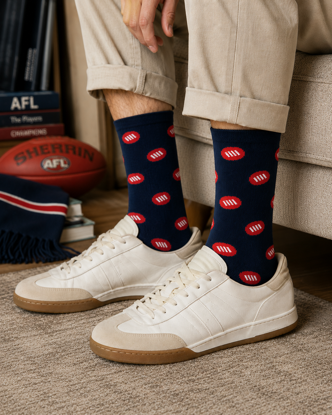 Indoors, a person wears light pants, white sneakers, and AFL Football Socks in navy with red and white patterns. An AFL football, a scarf, and books are on the floor nearby.
