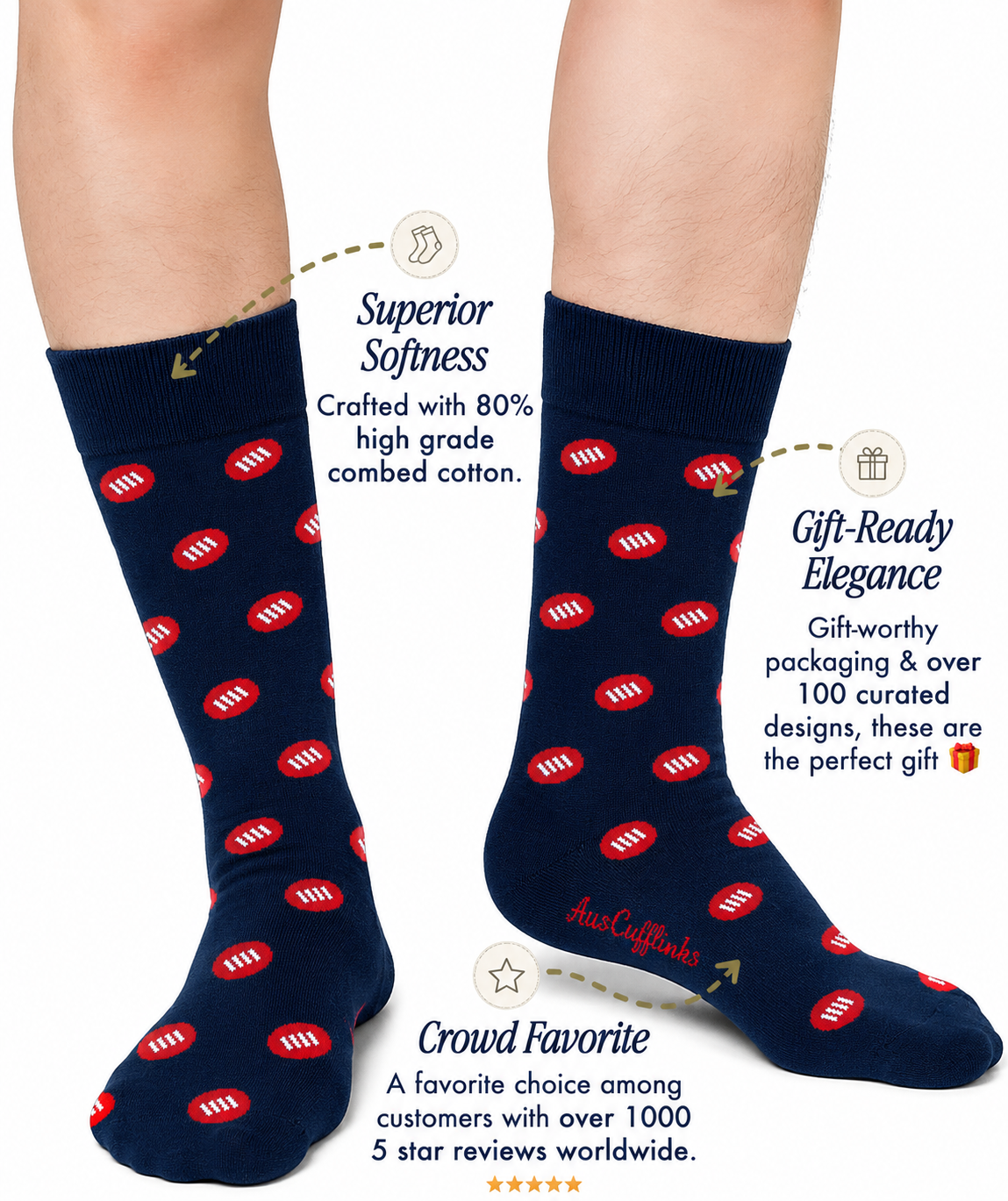 A pair of legs wearing AFL Football Socks in navy with red and white patterns, highlighting their softness, popularity among customers, and appeal as a great gift for fans.