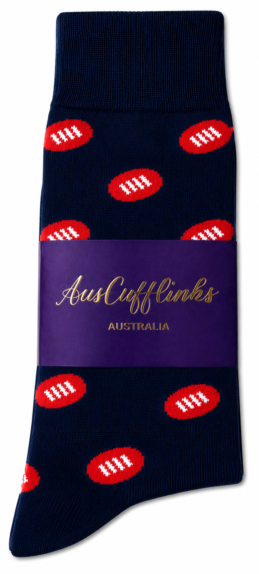 AFL Football Socks in navy blue with red football patterns and white laces, packaged with a purple AusCufflinks Australia label.