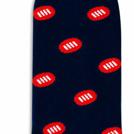 AFL Football Socks in navy blue featuring a pattern of small red ovals, each with three white vertical lines.