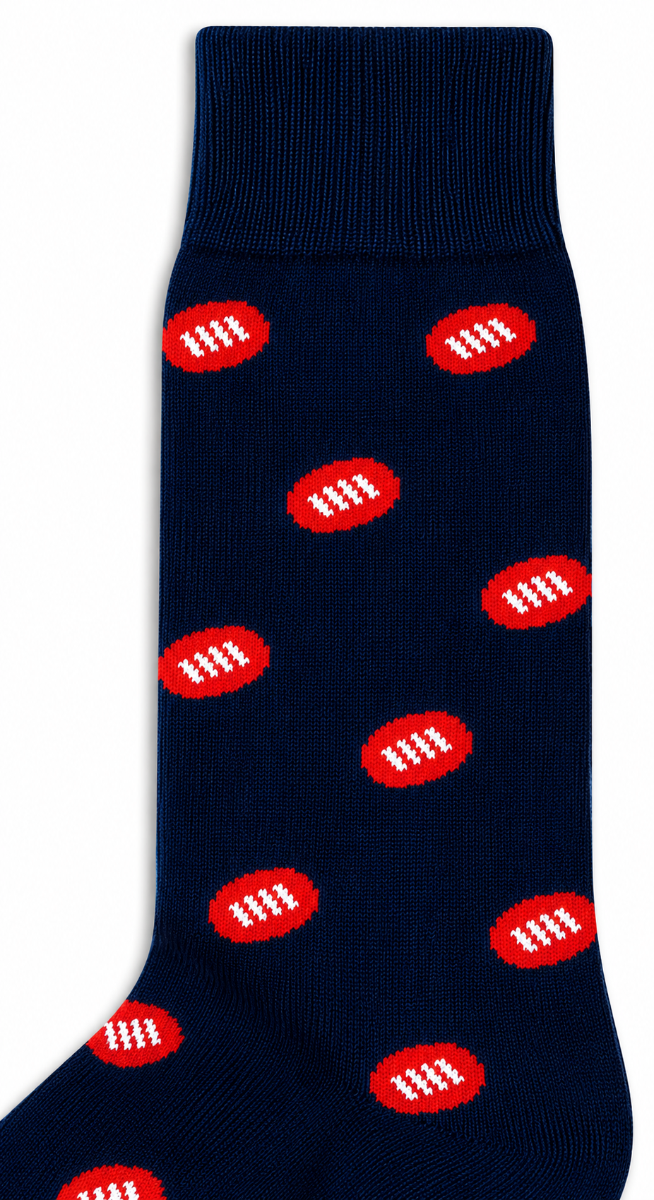 AFL Football Socks in navy blue featuring a pattern of small red ovals, each with three white vertical lines.