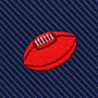 Red American football embroidery design on a dark blue textured fabric background, perfect for adding a sporty touch to the AFL Football Skinny Tie or other Australian football accessories.