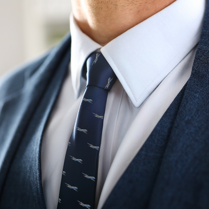 Close-up of a person wearing a blue suit jacket, white dress shirt, and an Aeroplane Skinny Tie, exuding aeronautical charm.