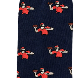 Capybara Socks (Copy): Navy blue socks with a repeating pattern of a person in a red shirt and hat holding a brown object, made from cozy fabric—perfect for animal lovers.