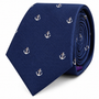 The Anchor Skinny Tie is a rolled-up blue skinny tie featuring small white anchor patterns evenly spaced across the fabric, making it a perfect nautical wedding accessory.