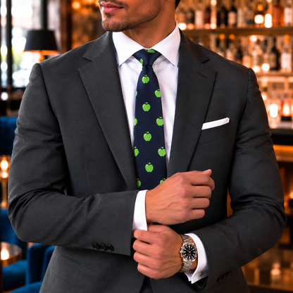 A man in a dark suit adjusts his cuff while wearing the Apple Skinny Tie, featuring a green apple print, as he stands in a stylish bar or lounge.