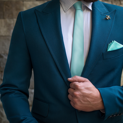 Person in a cool aqua suit, white striped dress shirt, and the Aqua Skinny Necktie and Pocket Square Set. They have a lapel pin shaped like a fleur-de-lis. Their hand is adjusting the suit jacket, showcasing the seamless pairing of their attire.