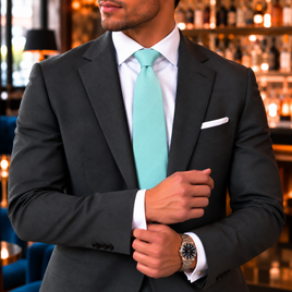 A man in a dark suit adjusts his cuff in a stylish bar setting, wearing the Aqua Skinny Tie along with a watch and a pocket square.