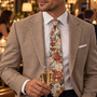 A man in a beige suit and the Floral Artisan Skinny Tie holds a champagne glass at a formal indoor event with soft lighting.