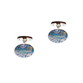 The Artistic Floral Cufflinks radiate blossoming elegance with their blue paisley pattern against a crisp white backdrop. This intricate design, paired with a sleek metal finish, creates a sophisticated and stylish accessory.