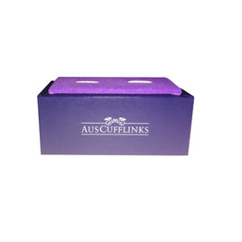 A purple and black box featuring the "AUSCUFFLINKS" logo on the front, emanating a blossoming elegance that suggests the refined treasures of Artistic Floral Cufflinks nestled inside.