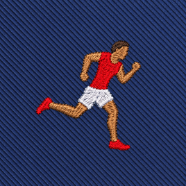 Athletics Skinny Tie featuring a design of a person running in a red shirt, white shorts, and red shoes against a blue textured background—a perfect gift for runners or anyone who appreciates athletics-inspired style.