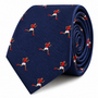 Introducing the Athletics Skinny Tie, a navy blue necktie adorned with a repeating pattern of sprinters in red shirts, white shorts, and red shoes—making it an ideal sports-themed accessory and a thoughtful gift for runners.