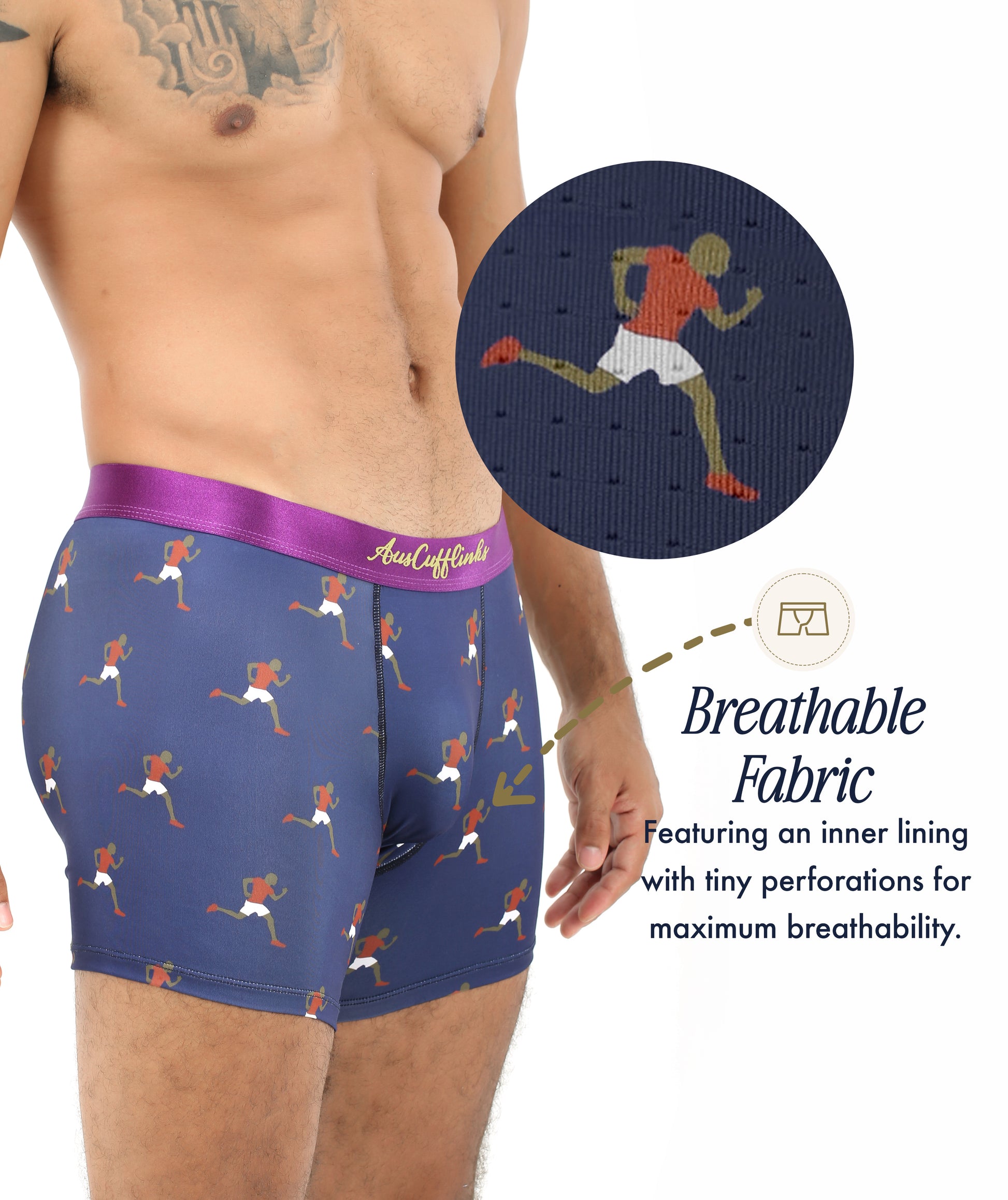 A person wears Athletics Underwear in blue with a runner pattern, featuring breathable fabric and a perforated inner lining for improved ventilation.