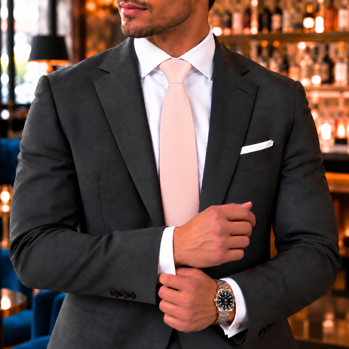 A man dressed in a dark suit and white shirt adjusts his sleeve, sporting the Baby Pink Skinny Tie and a wristwatch, as he stands in an elegant bar lined with shelves of bottles—a sophisticated ensemble that makes the Baby Pink Skinny Tie an ideal wedding accessory.