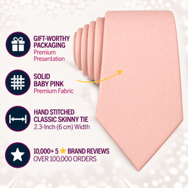 The Baby Pink Skinny Tie, a pale pink skinny tie, is presented as a timeless men’s accessory ideal for weddings. Its elegant gift packaging and delicate hand stitching are highlighted, along with over 10,000 five-star reviews from more than 100,000 orders.