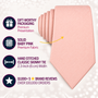 The Baby Pink Skinny Tie, a pale pink skinny tie, is presented as a timeless men’s accessory ideal for weddings. Its elegant gift packaging and delicate hand stitching are highlighted, along with over 10,000 five-star reviews from more than 100,000 orders.
