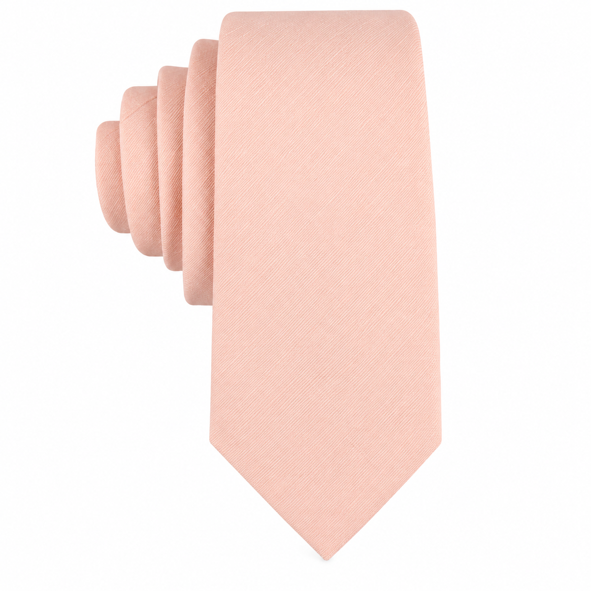 The Baby Pink Skinny Tie is displayed neatly rolled against a white background, making it an ideal men’s tie or wedding accessory.