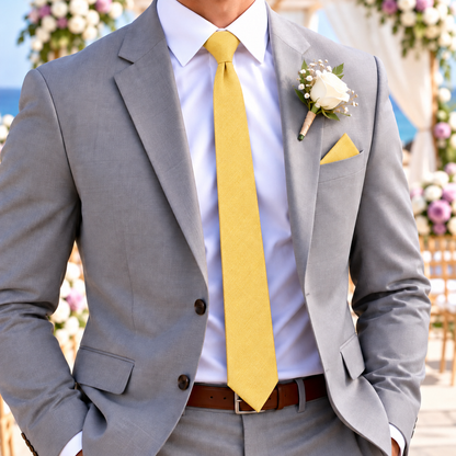 Baby Yellow Cotton Skinny Cotton Tie & Pocket Square Set