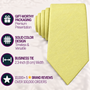 The Baby Yellow Business Cotton Tie is showcased with text emphasizing its vibrant solid color, sleek 2.3-inch width, luxurious premium packaging, and impressive 10,000+ five-star reviews. This stylish cotton tie is ideal for weddings and also makes a perfect groomsmen accessory for special occasions.