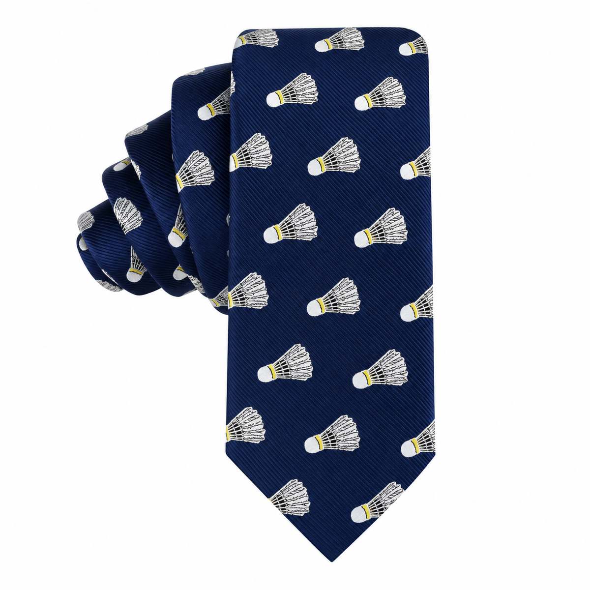 The Badminton Skinny Tie features a navy blue background with a repeating shuttlecock print, making it the perfect novelty accessory for any badminton enthusiast.