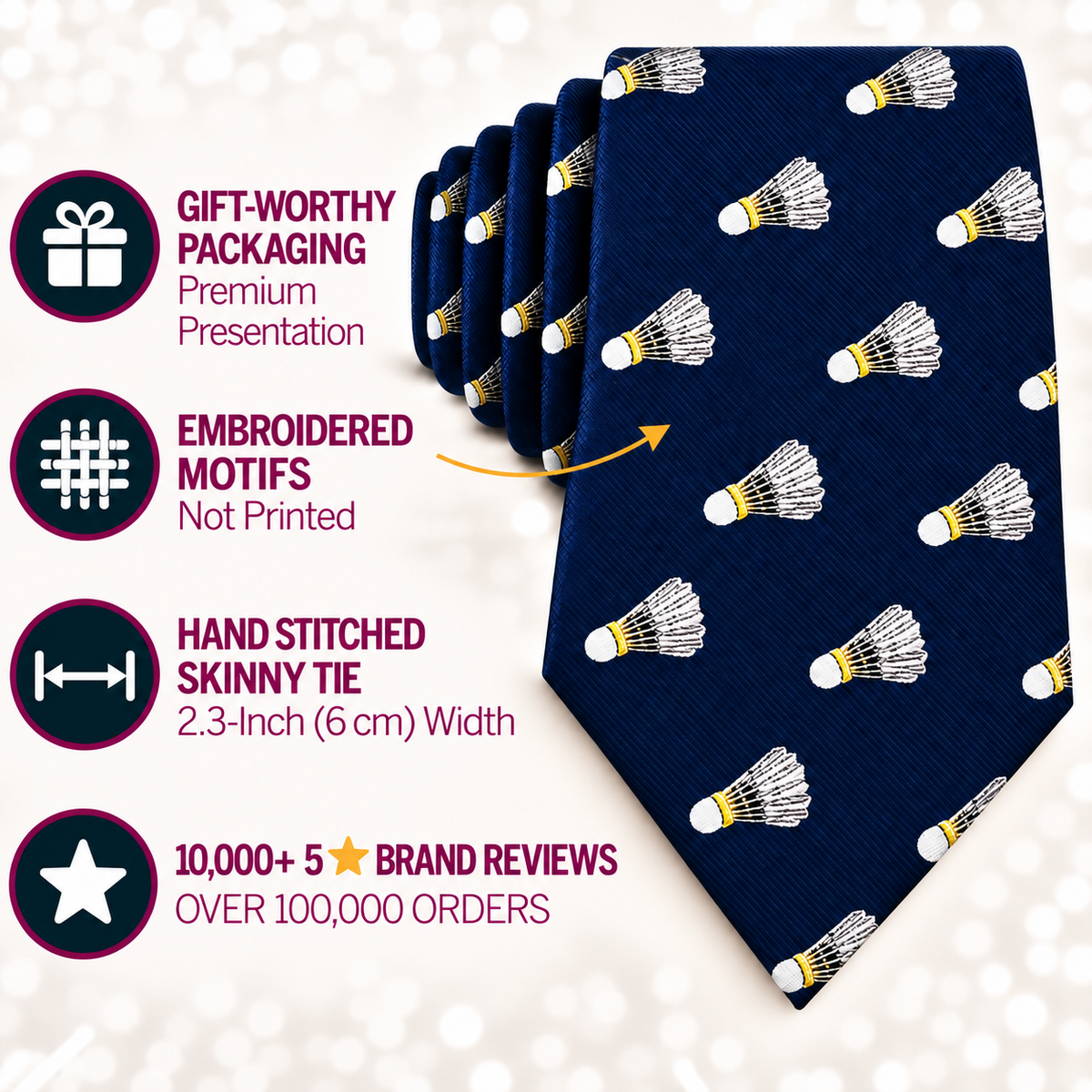 Introducing the Badminton Skinny Tie: a navy novelty tie adorned with embroidered shuttlecock motifs, showcasing meticulous hand-stitched craftsmanship, a sleek 2.3-inch width, and elegant gift packaging. With over 10,000 positive brand reviews, it’s the perfect unique badminton-themed accessory for enthusiasts.