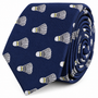 The Badminton Skinny Tie is a navy blue novelty accessory featuring a repeating pattern of embroidered white and yellow shuttlecocks—perfect for badminton enthusiasts seeking a fun shuttlecock print.