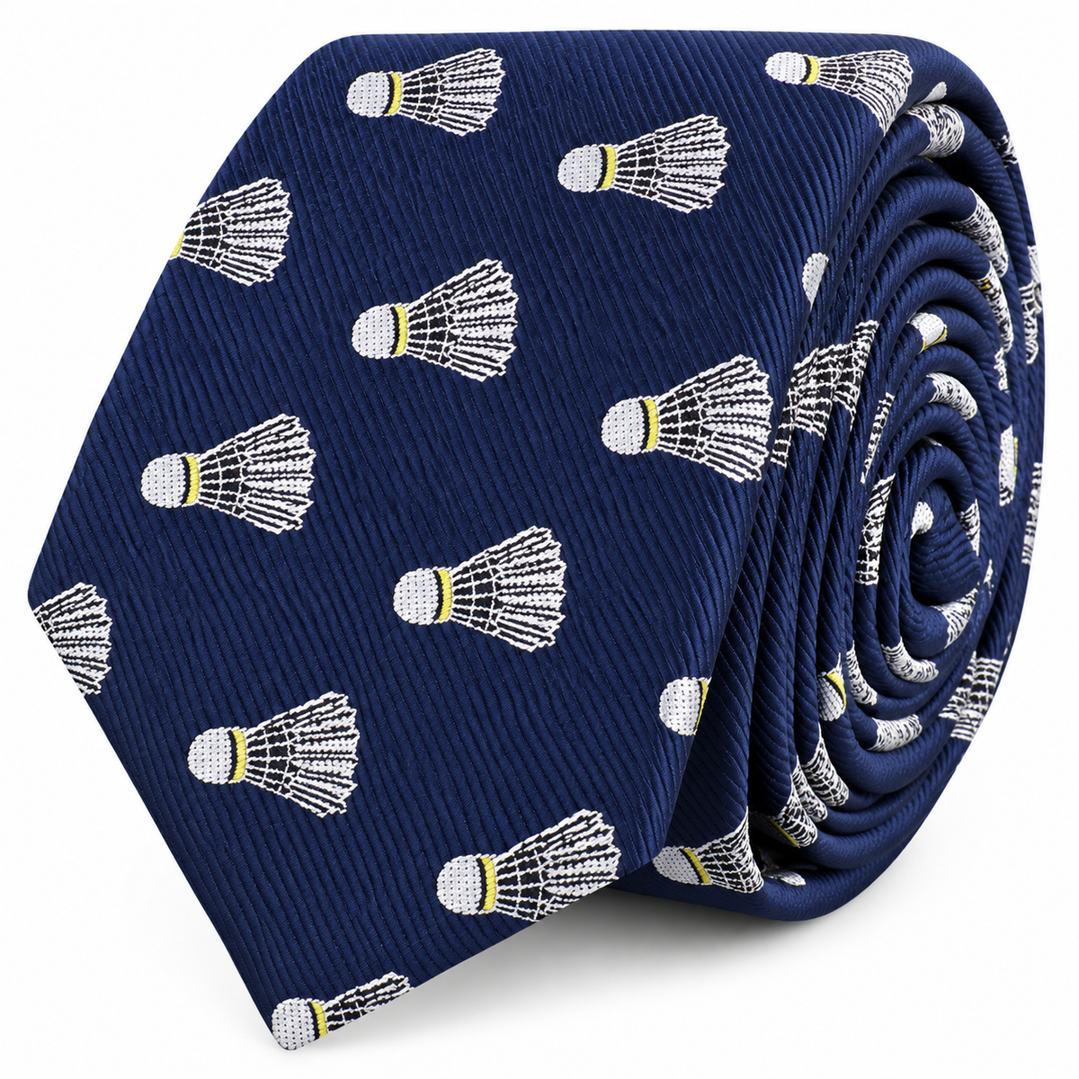 The Badminton Skinny Tie is a navy blue novelty accessory featuring a repeating pattern of embroidered white and yellow shuttlecocks—perfect for badminton enthusiasts seeking a fun shuttlecock print.