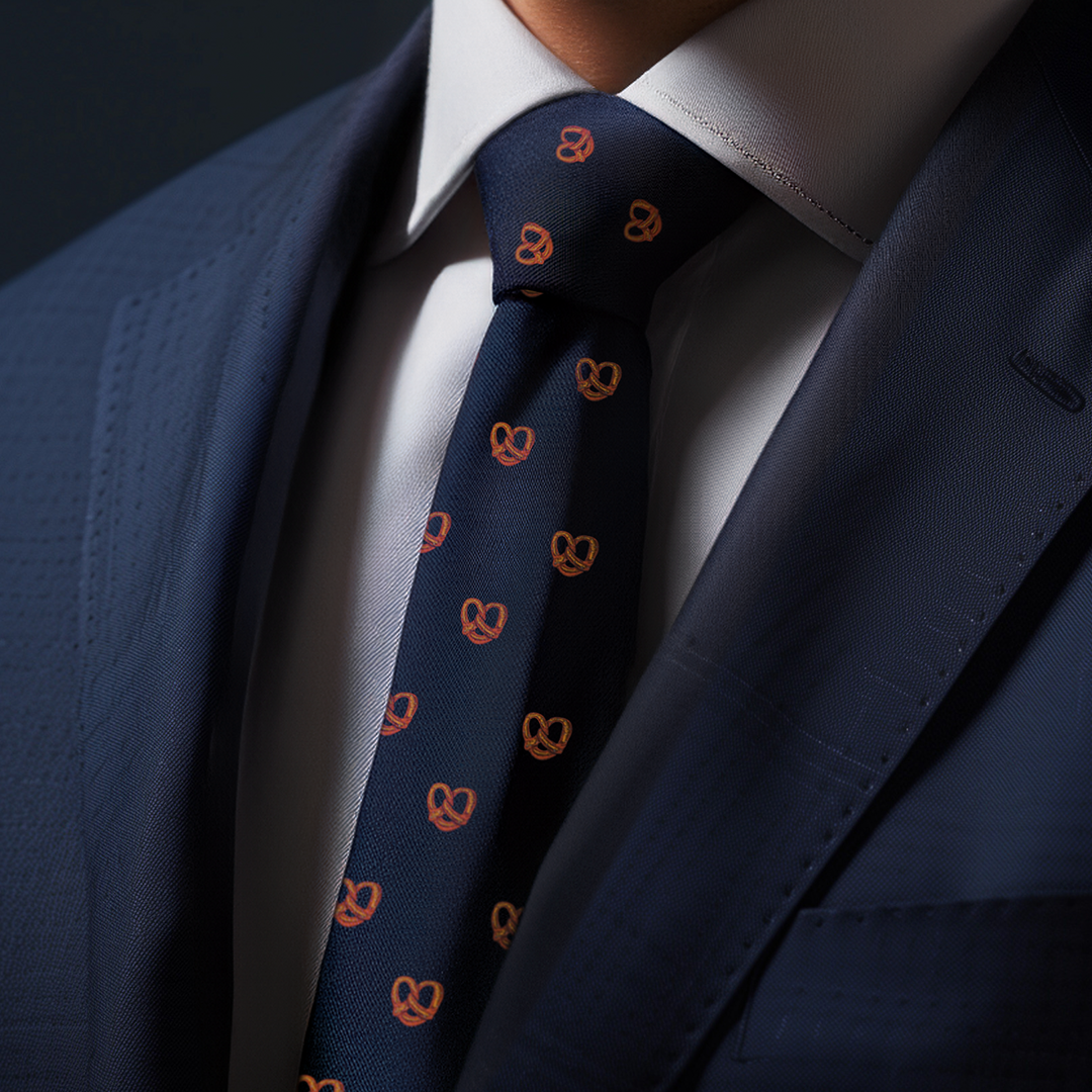 Close-up of a person wearing a navy blue suit and a matching Bagel Skinny Tie adorned with a pattern of pretzel shapes, blending contemporary style with a touch of culinary delight.