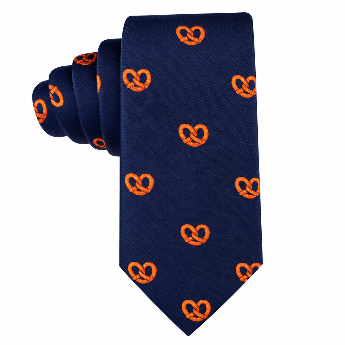 The Bagel Skinny Tie showcases a navy blue background adorned with a repeating pattern of small orange pretzels, offering a quirky and playful accessory that’s perfect for food enthusiasts who appreciate bagel-inspired designs.
