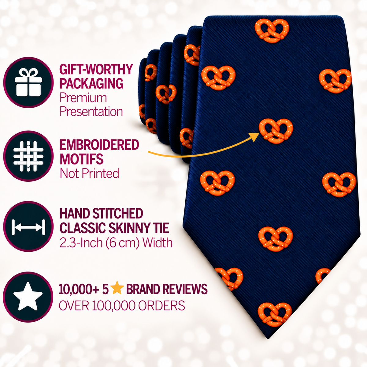 Bagel Skinny Tie in navy blue, featuring orange pretzel motifs in an embroidered design. This hand-stitched tie measures 2.3 inches in width and arrives in elegant gift packaging. With over 10,000 five-star reviews from more than 100,000 orders, it’s the perfect food lover gift or a stylish bagel-themed accessory for anyone who appreciates unique details—sure to impress with every wear.