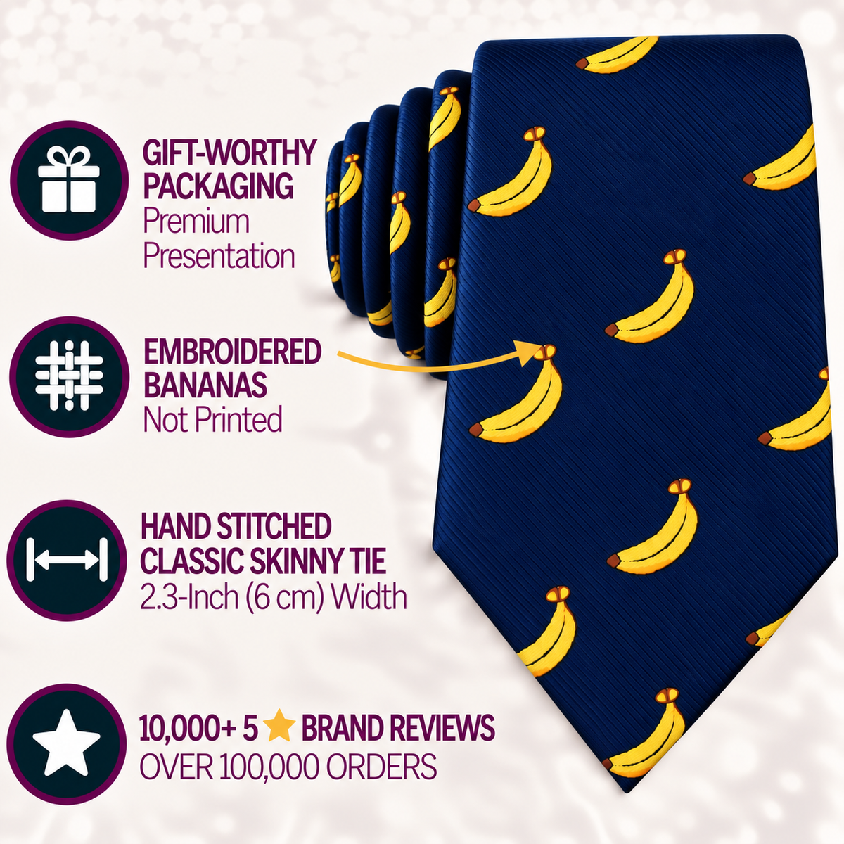 The Banana Skinny Tie showcases a whimsical design with embroidered yellow bananas on a navy background, paired with feature icons that highlight its premium packaging, intricate stitching, and high customer ratings. This men’s skinny tie brings a playful touch to classic outfits and stands out as an eye-catching tropical accessory for any occasion.