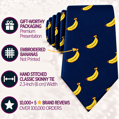The Banana Skinny Tie showcases a whimsical design with embroidered yellow bananas on a navy background, paired with feature icons that highlight its premium packaging, intricate stitching, and high customer ratings. This men’s skinny tie brings a playful touch to classic outfits and stands out as an eye-catching tropical accessory for any occasion.