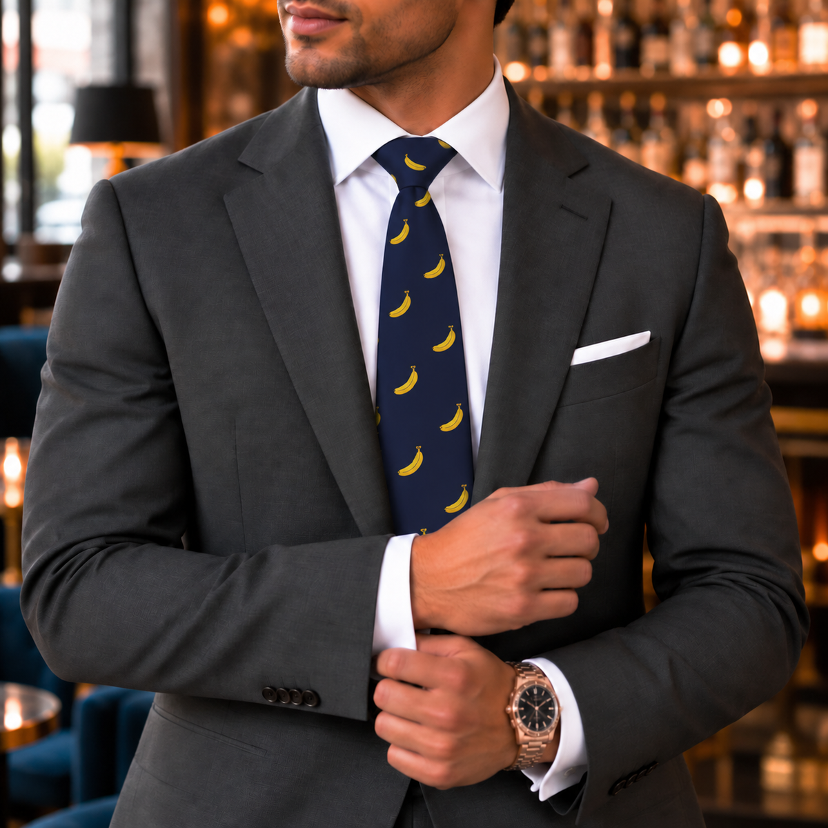 A man in a gray suit and the Banana Skinny Tie adjusts his sleeve while standing in a bar with shelves of bottles in the background.