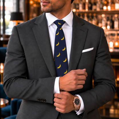 A man in a gray suit and the Banana Skinny Tie adjusts his sleeve while standing in a bar with shelves of bottles in the background.